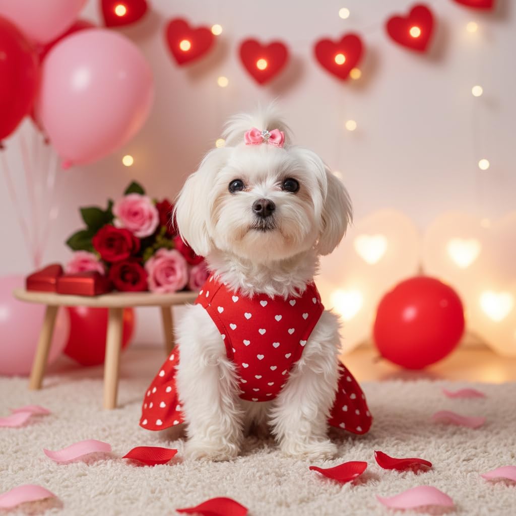 Valentine's Day Red Dog Dress, Cute White Heart Print & Satin Bow for Small Puppies, Pet Costume Party Outfit