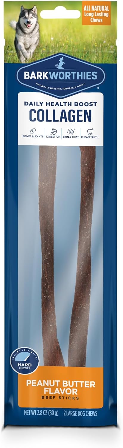 Barkworthies Large 12 Inch Peanut Butter Collagen Sticks - 2 Count (Pack of 1) - Healthy, Long-Lasting, High Protein, Low Fat