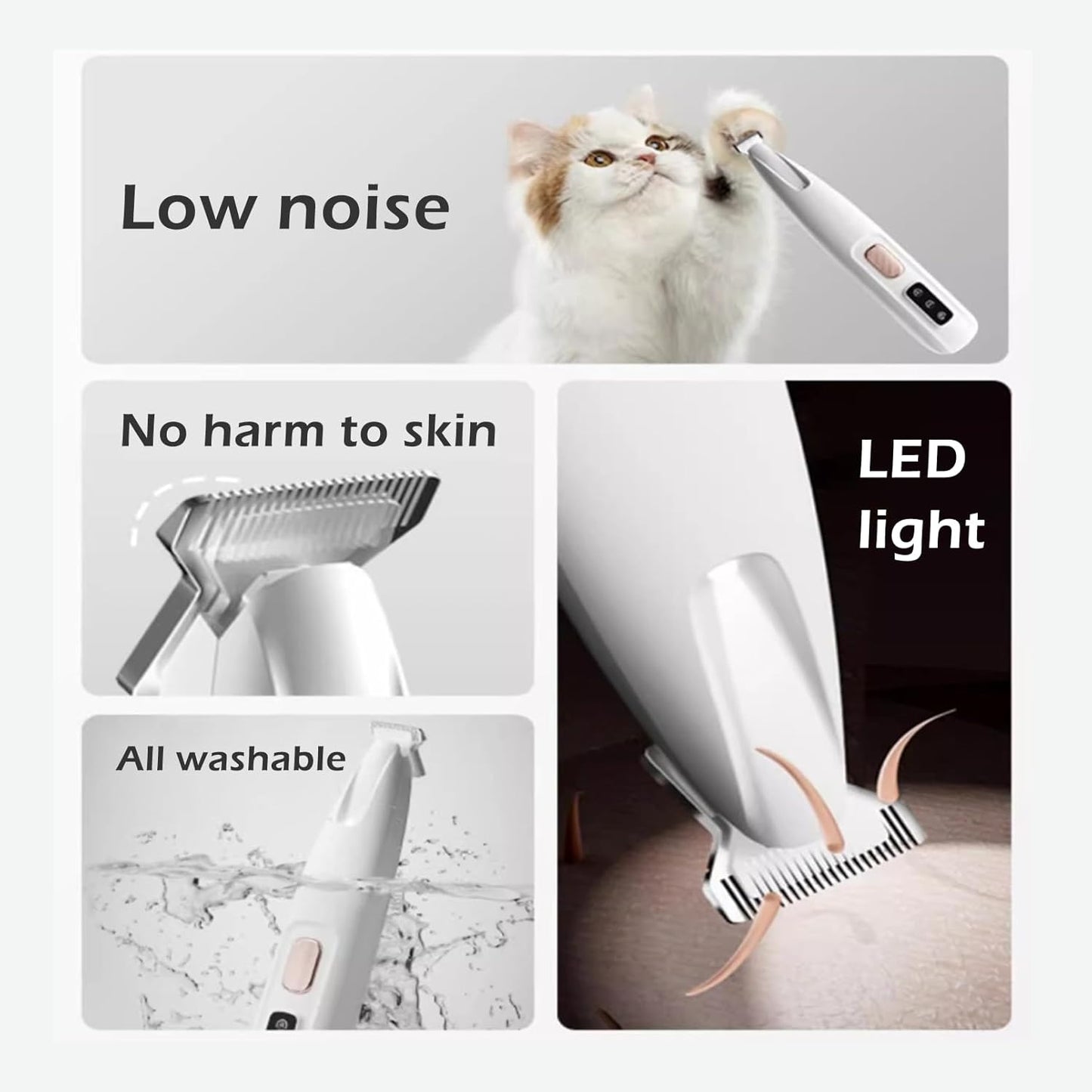 Pet Trimmer, Electric Multifunctional Pet Hair Clippers, Waterproof Rechargeable Shaver with LED Light, Low Noise Trimmer for Paws Eyes Ears Face Buttocks for Large/Small Dogs and Cats