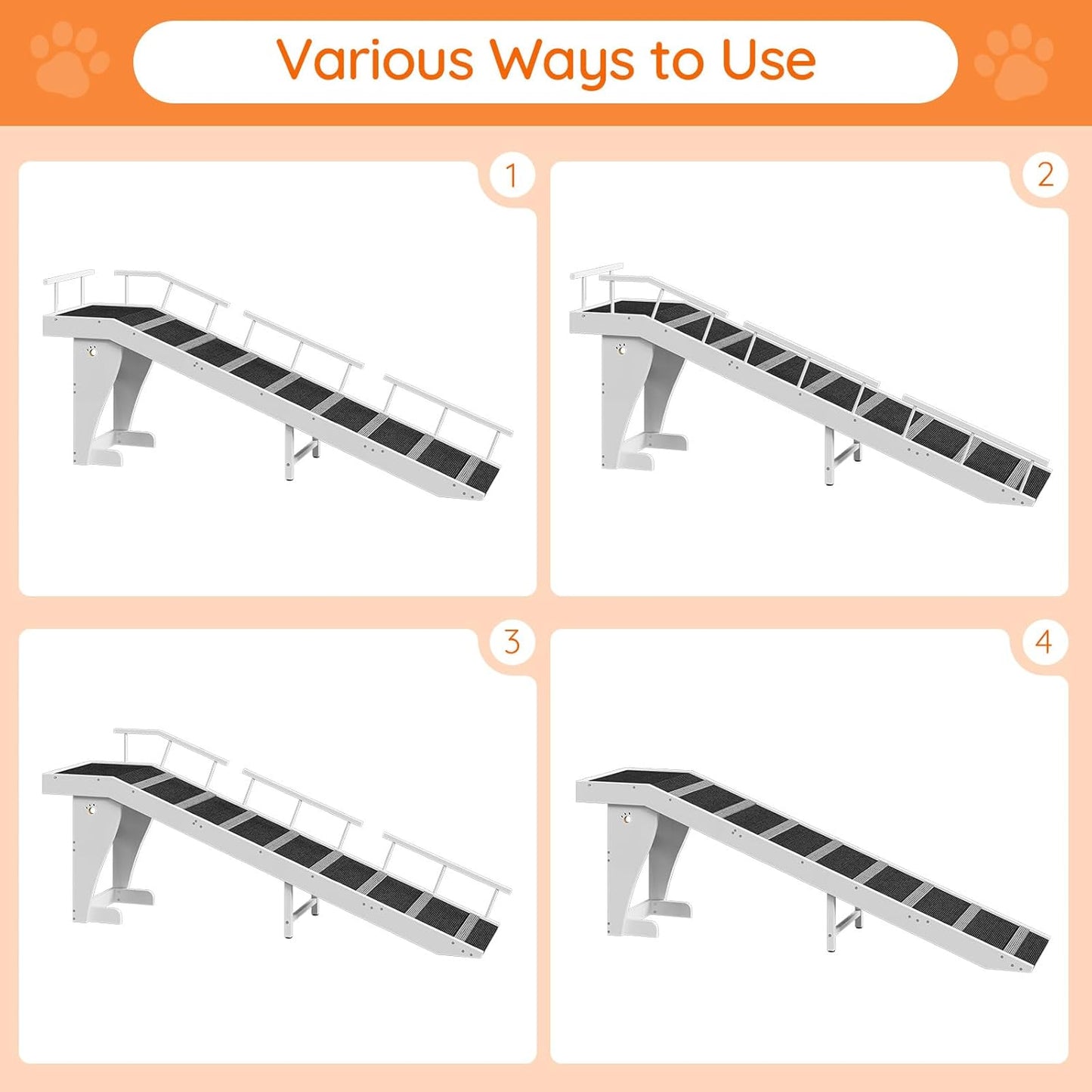 HOOBRO Dog Ramp for Bed, Large Wooden Pet Ramp for Dogs with Non-Slip Carpet Surface, Safety Rails, and Top Platform, 70.9" x 15.7" x 23.6", White and Black BW18PT03G1