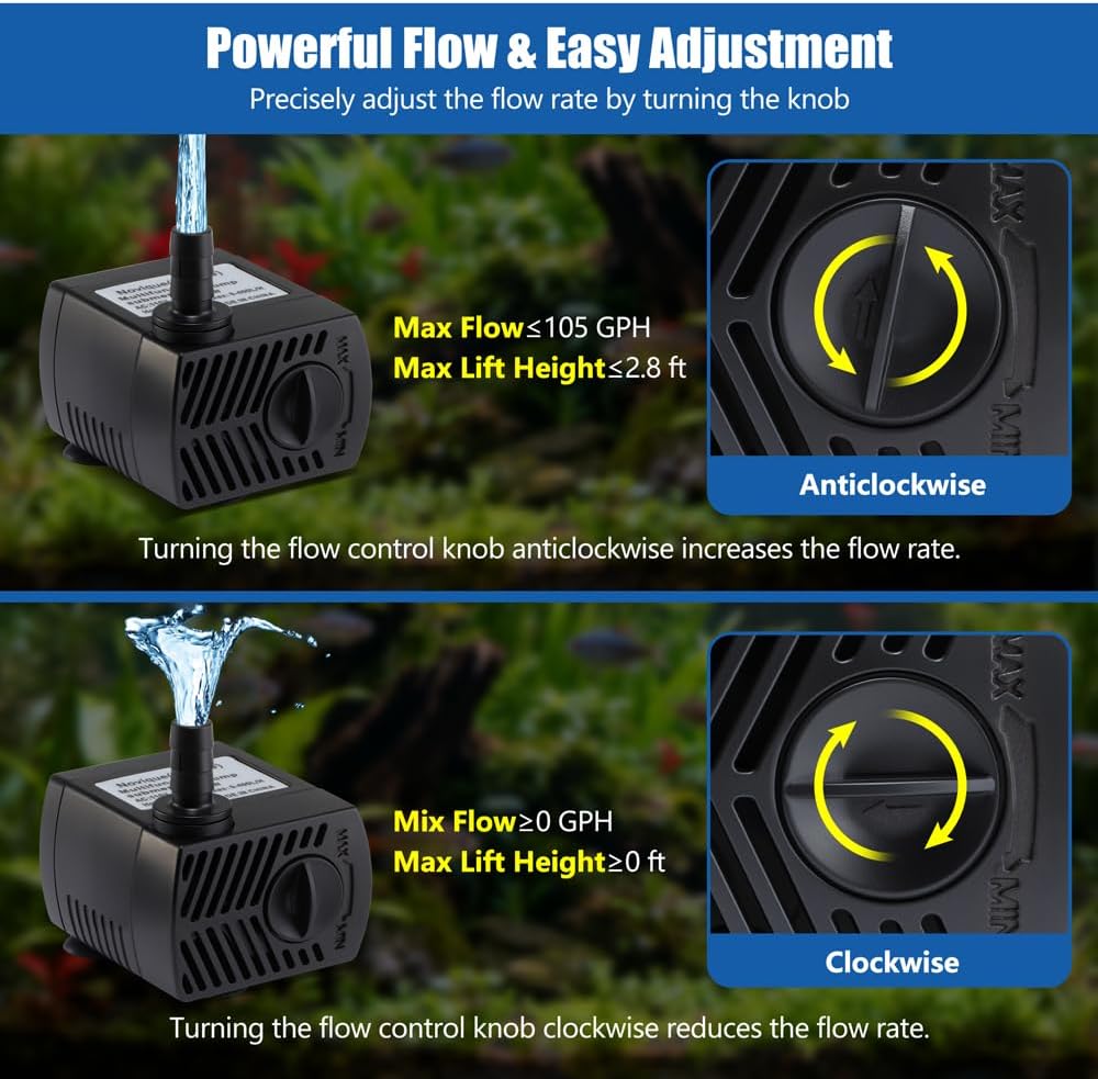 105 GPH Submersible Water Pump with 4.76ft Power Cord and 2 Nozzles 5W Ultra Quiet Mini Fountain Pump with 2.8ft High Lift Aquarium Water Pump for Fish Tank Pond Fountain Hydroponics