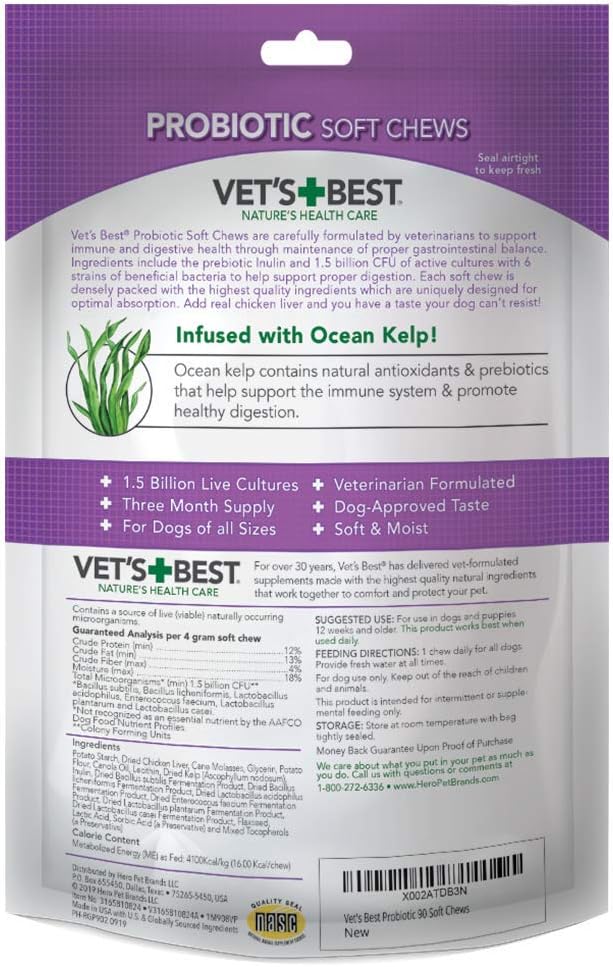 Vet's Best Probiotic Soft Chews Dog Supplement, Supports Dog Digestive Health, Promotes a Healthy Gut, 90 Day Supply