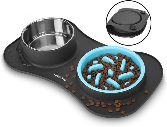 Slow Feeder Dog Bowls 3 in 1 Stainless Steel Food and Water Bowls with Non-Spill and Skid Silicone Mat to Slow Down Eating for Large Medium Small Breed Size Dogs and Cats