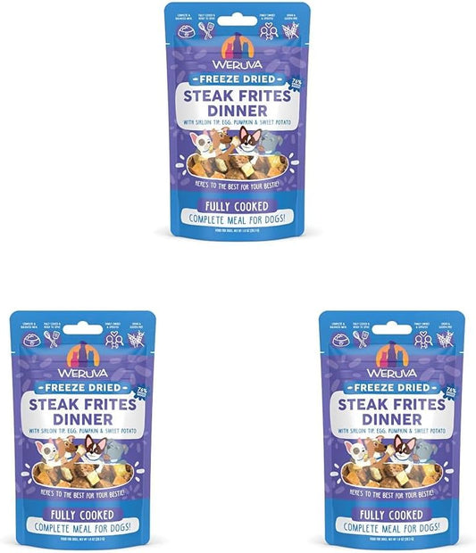 Weruva Dog Freeze Dried, Steak Frites Dinner with Sirloin Tip, Egg, Pumpkin & Sweet Potato, 1oz Bag (Pack of 3)