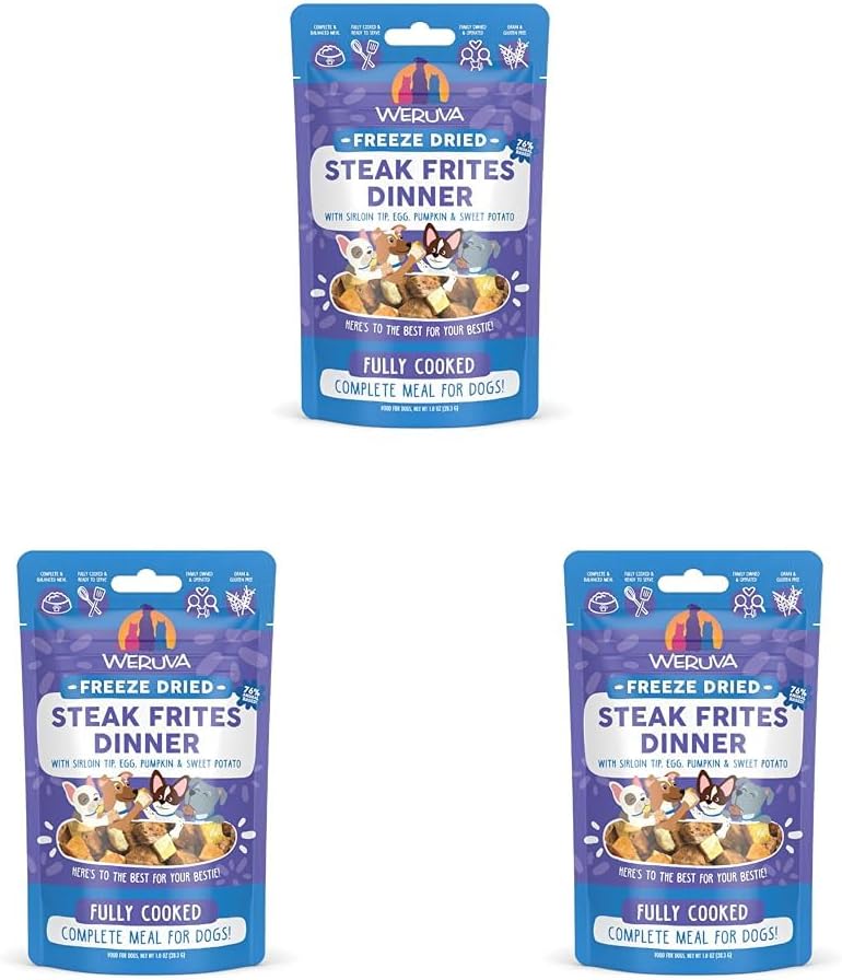 Weruva Dog Freeze Dried, Steak Frites Dinner with Sirloin Tip, Egg, Pumpkin & Sweet Potato, 1oz Bag (Pack of 3)