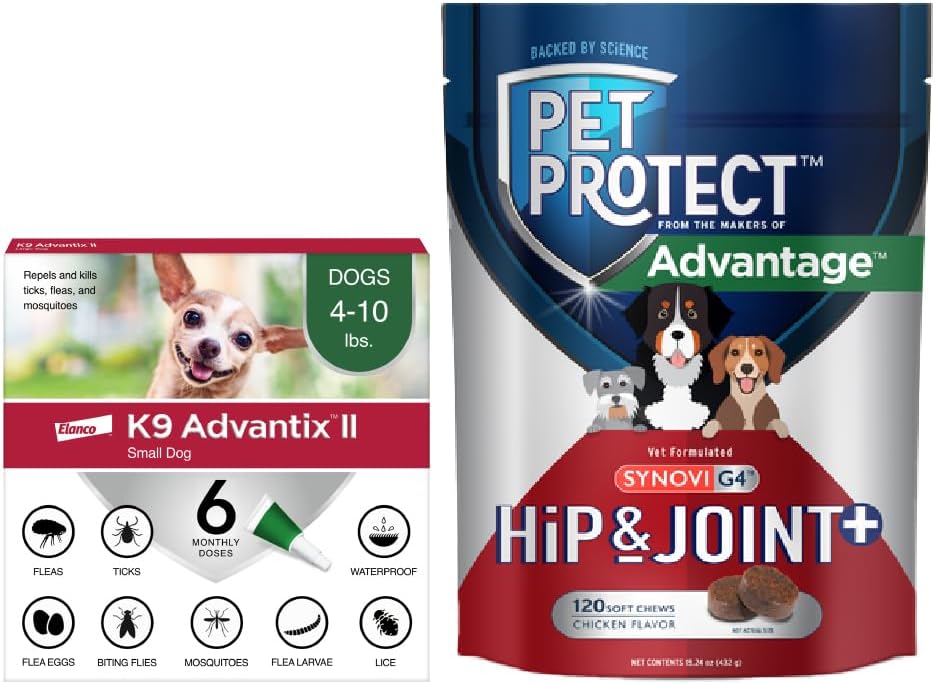 Bundle of K9 Advantix II Small Dog| Dogs 4-10 lbs. | 6-Mo Supply + Pet Protect Hip & Joint Supplement for Dogs | 60 Chews