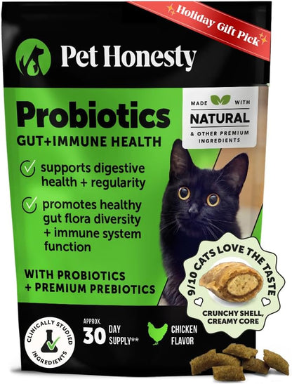 Cat Probiotics Gut + Immune Health Chews – Crunchy & Creamy Cat Treats for Digestive Health, Gut Flora & Constipation Relief – Supports Immunity, Regularity, & Healthy Digestion, 30-Day Supply Chicken