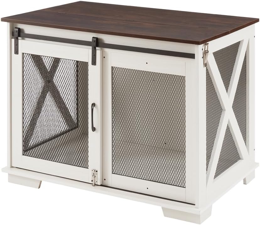 GREAZ Stylish Farmhouse Dog Cage with Sliding Barn Door, Functional Wooden Kennel with Flip-top for Small to Large Dogs, White