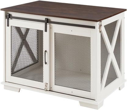 GREAZ Stylish Farmhouse Dog Cage with Sliding Barn Door, Functional Wooden Kennel with Flip-top for Small to Large Dogs, White