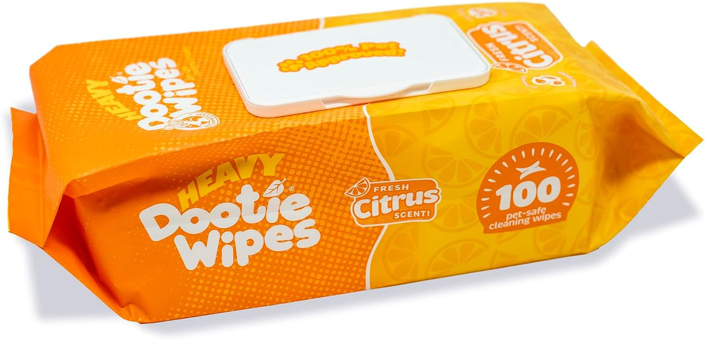 HEAVY Dootie Wipes - Convenient Durable Dog Wipes for Paws, Butt with Very Mild Pleasant Citrus Scent, 100 Count - Puppy Essentials Pet wipes, Dog Wipes Cleaning and Deodorizing. Made with Bamboo.