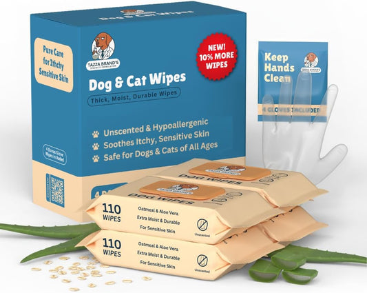 Unscented Pet Wipes for Dogs & Cats, 4×110 (440 Total) + 4 Bonus Gloves – Soothes Itchy, Dry Skin – Extra-Gentle Grooming Wipes for Paws, Ears, Eyes & Sensitive Areas – Hypoallergenic & Alcohol-Free