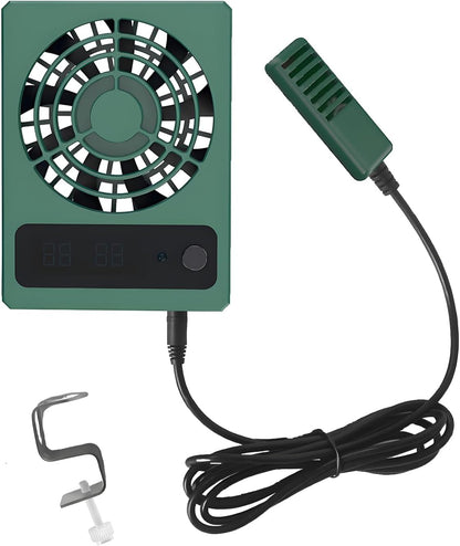 Reptile Ventilation Fan with Humidity Sensor and High-Temp Alarm, Digital Display Fan Dehumidifier for Reptile Terrariums, Suitable for Humid Environments, Rainforests and Vivariums - Green