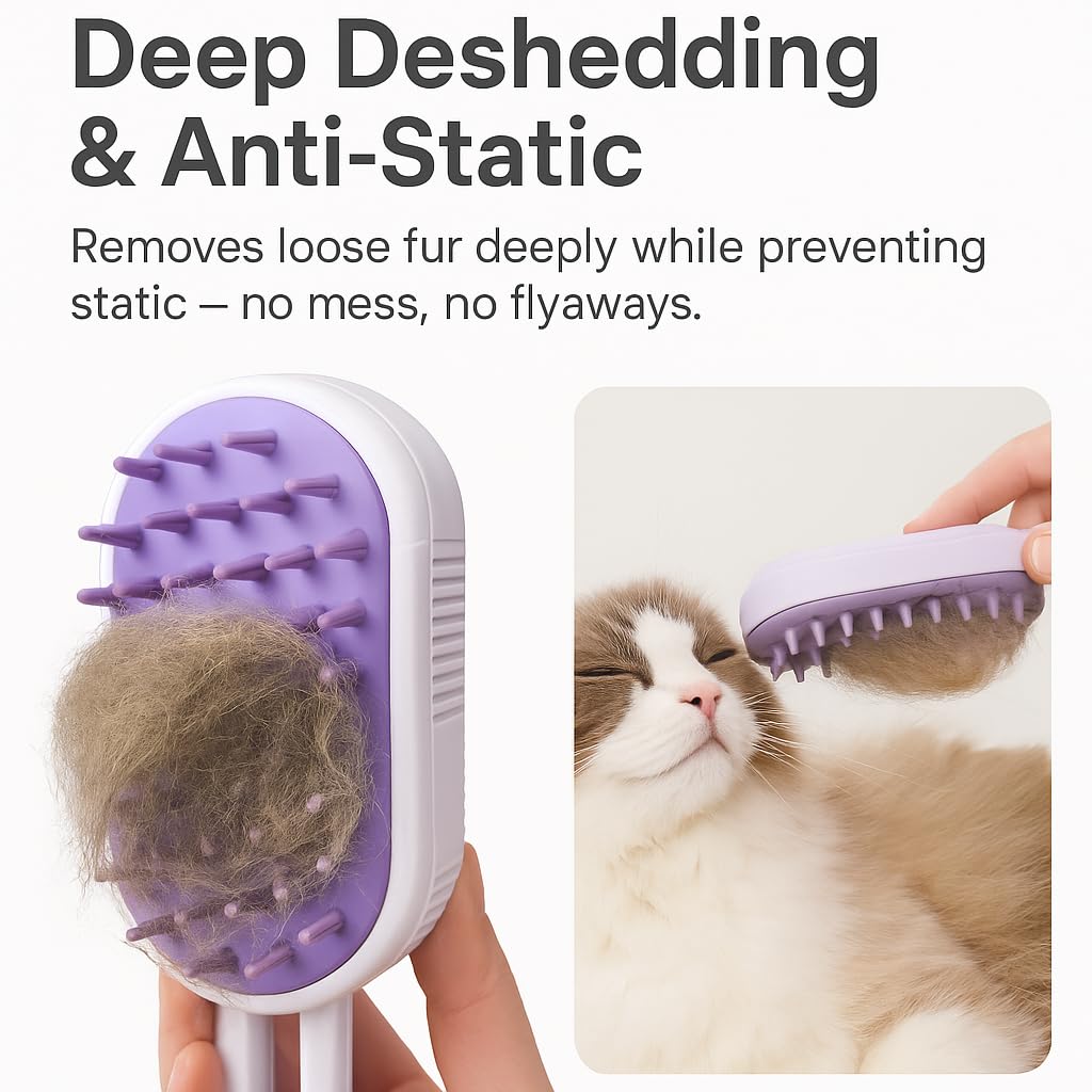 Cat Steam Brush for Shedding – Pet Steam Grooming Tool for Cats & Dogs, Rechargeable De-Shedding Cat Brush with Cleaning & Massage