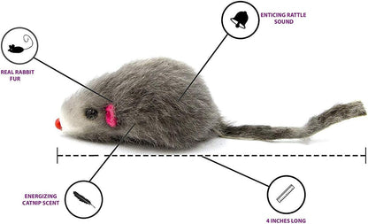 20 Furry Mice with Catnip and Rattle Sound Made of Real Rabbit Fur Interactive Catch Play Mouse Toy for Cat, Pack of 20 Mice