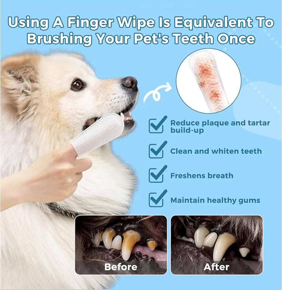 Dog Teeth Cleaning Finger Wipes, 100pcs Pet Dental Care Finger Wipes for Dogs and Cats Removing Plaque and Tartar Buildup, Freshens Breath -- Safe Ingredients Disposable No-Rinse Pet Finger Toothbrush