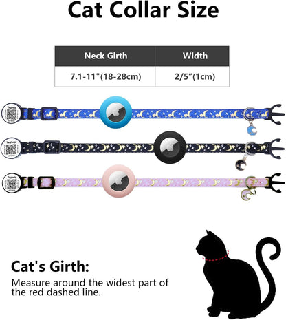 2PCS Breakaway Cat Collars with Bell Cute Star &Moon Safe Kitten Collars with Pendant Glow in The Dark,Airtag Holder Cat Collar with Smart ID tag & QR Code Reflective for GPS Boy Girl Cats (Purple)