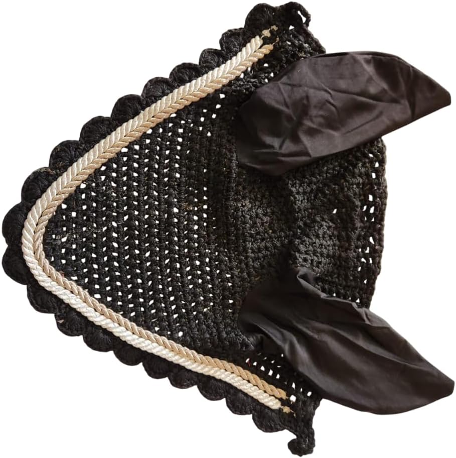 Horse Ear Bonnet Fly Veil Crochet Equestrian with Piping Black Color Full Size