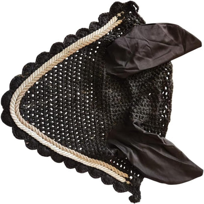 Horse Ear Bonnet Fly Veil Crochet Equestrian with Piping Black Color Full Size