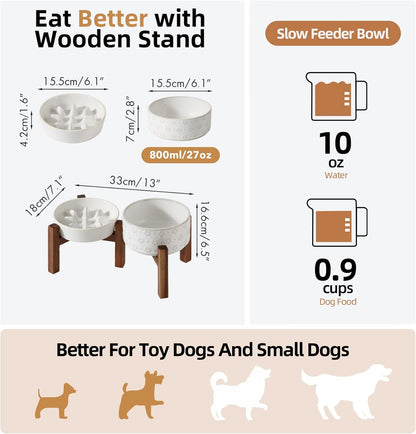 Ceramic 0.9 Cup Raised Slow Feeder Dog Food and Water Bowl Set, Elevated 6.1inch Bowl and 6.1inch Dish with Acacia Wood Stand for Small Dogs (2 x Reactived Glaze -White+ Stand)