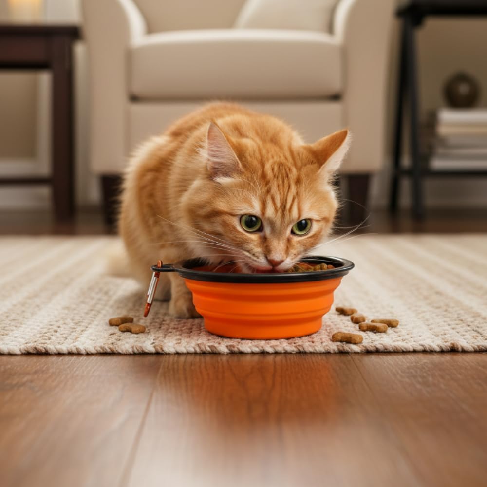 Collapsible Cat Bowl, Maze Design Pet Puzzle Feeder, 650ml Dog Slow Feeding Bowls, Dog Slow Feeding Bowl with Carabiner Portable BPA-Free Silicone Pet Bowls for Hiking, Travel, Camping - Color Orange