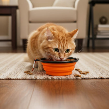 Collapsible Cat Bowl, Maze Design Pet Puzzle Feeder, 650ml Dog Slow Feeding Bowls, Dog Slow Feeding Bowl with Carabiner Portable BPA-Free Silicone Pet Bowls for Hiking, Travel, Camping - Color Orange