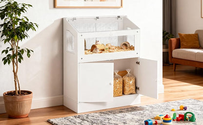 Small Animal Habitat with Storage Cabinet, Easy-View Acrylic Panel Enclosure for Hamsters, Guinea Pigs and Hedgehogs, Durable Small Pet Cage with Easy Assembly Design
