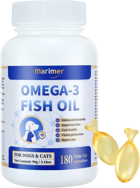 Snip Tips Omega-3 Fish Oil Liquid Supplement for Cats and Dogs, 180 Soft Gels with EPA & DHA & Vitamin E - Promotes Heart, Skin, Coat, Joint, & Immune Health for Pets