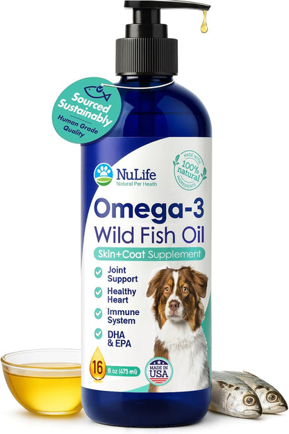 Liquid Fish Oil for Dogs with Omega 3, 6 & 9 Fatty Acids, Wild Caught from Iceland, Skin and Coat Supplement for Shedding, Itchy Skin, Allergies, Brain and Heart Health, Rich in EPA + DHA - 16 oz