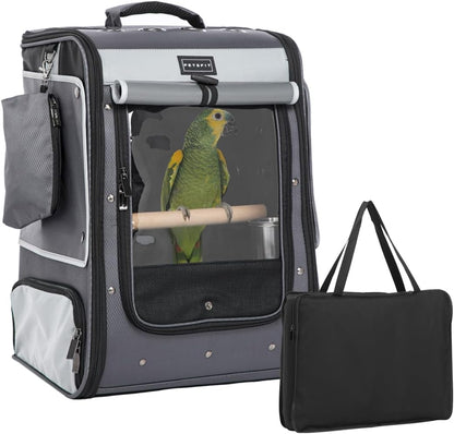 Petsfit Bird Carrier with Shade Cover,Adjustable Height Standing Perch and Great Ventilation, Fit for Medium/Large Sized Birds(Large, Grey1)
