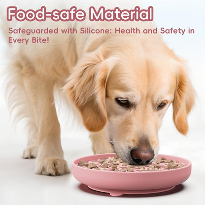 Silicone Slow Feeder Dog Bowl – Pink Bone Pattern | Food-Grade Non-Slip Dog Dish for Anti-Bloat, Fast Eating Prevention, 7.5” x 1.5”, Dishwasher Safe