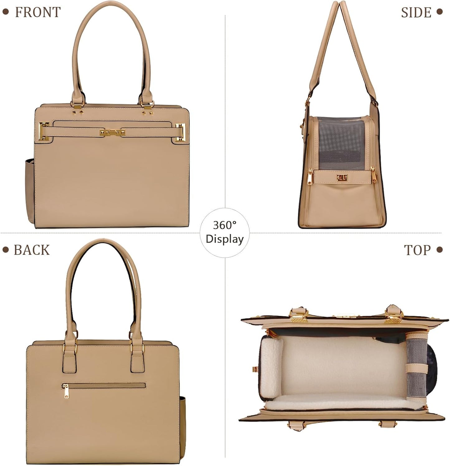 2-in-1 Stylish Dog Purse Carrier Soft-Sided Carriers Travel Tote Bag for Small Dogs Cats, Fashion Foldable Pet Bag for Puppies Small Animals with Pockets (Khaki, 15" L x 7.5" W x 12.2" H)