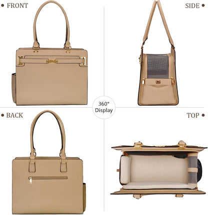 2-in-1 Stylish Dog Purse Carrier Soft-Sided Carriers Travel Tote Bag for Small Dogs Cats, Fashion Foldable Pet Bag for Puppies Small Animals with Pockets (Khaki, 15" L x 7.5" W x 12.2" H)