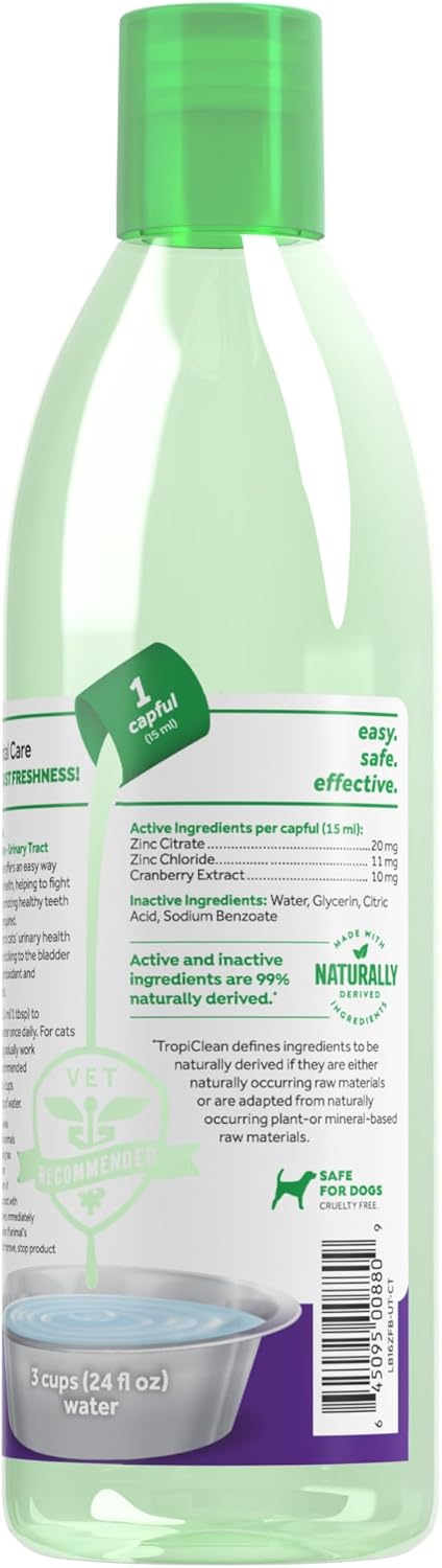 TropiClean Fresh Breath Cat Dental Water Additive + Urinary Tract Support, with Cranberry Extract, Teeth Cleaning & Breath Freshener Solution, 16oz