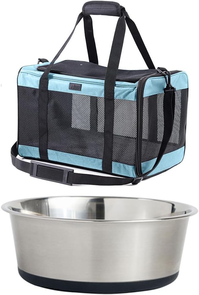 GORILLA GRIP Pet Carrier Travel Bag, Blue and Stainless Steel Dog Bowl, 4 Cup Black, 2 Item Bundle