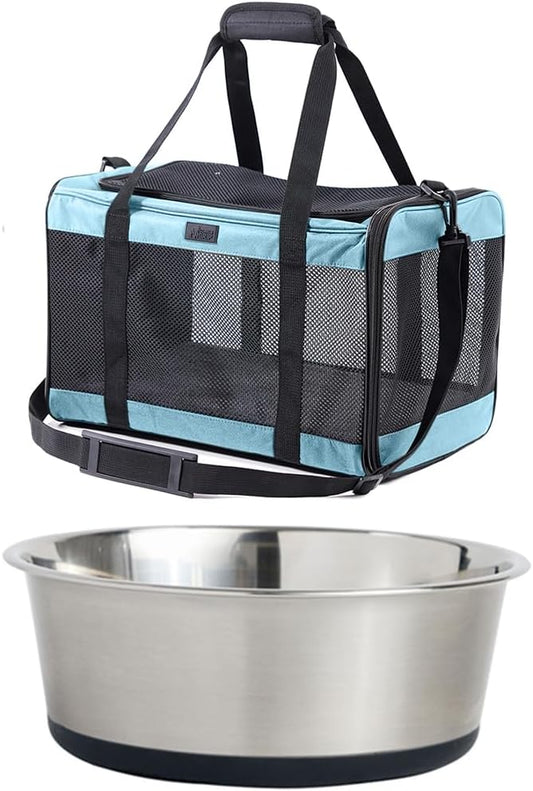 GORILLA GRIP Pet Carrier Travel Bag, Blue and Stainless Steel Dog Bowl, 4 Cup Black, 2 Item Bundle