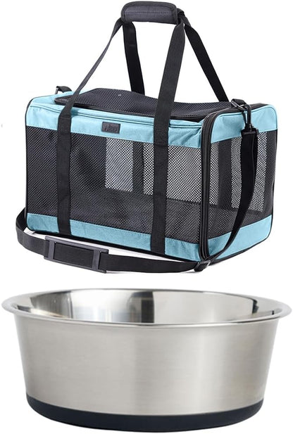 GORILLA GRIP Pet Carrier Travel Bag, Blue and Stainless Steel Dog Bowl, 4 Cup Black, 2 Item Bundle
