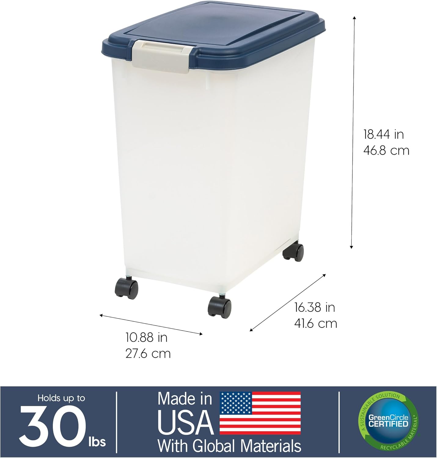 IRIS USA Airtight Dog Food Storage Container, Up to 30 lbs, Attachable Wheels, for Dog Cat Bird and other Pet Food Storage Bin, Keep Fresh, Easy Mobility, BPA Free, Navy/Pearl