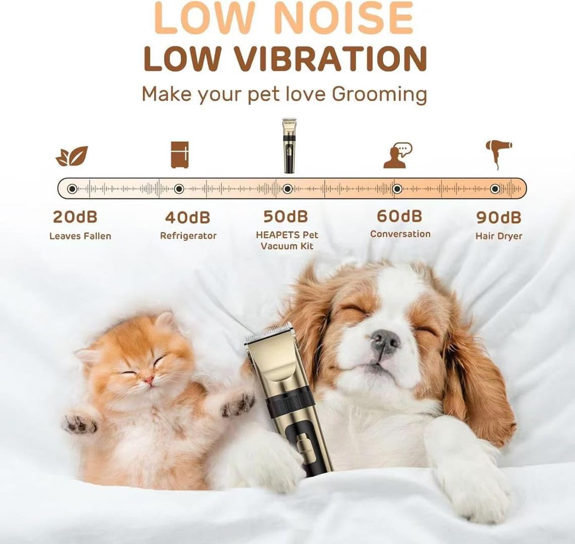 Dog Trimmer Pet Grooming Kit, 14 Piece Low Noise Rechargeable, Dog Shaver Cordless Electric Quiet, Nail Clipper, Filer, Scissors, Paw Trimmer Complete Set for Dog Cats Pets (Gold)