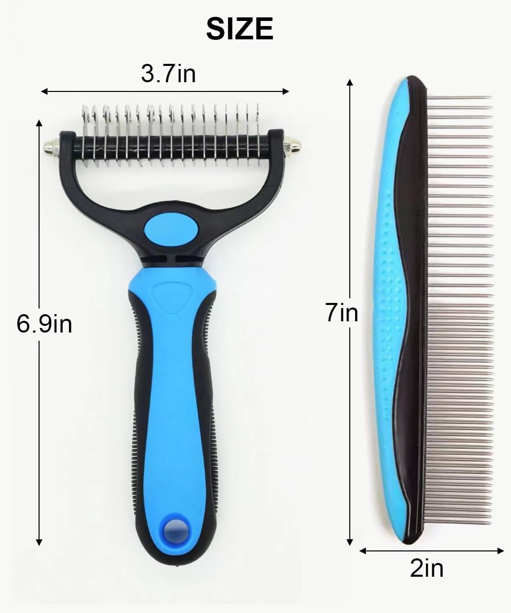Professional Dog & Cat Grooming Kit - 2-in-1 Deshedding Brush & Dematting Comb for Long Haired Pets, Detangle Matted Fur, Reduce Shedding, Stainless Steel Tools
