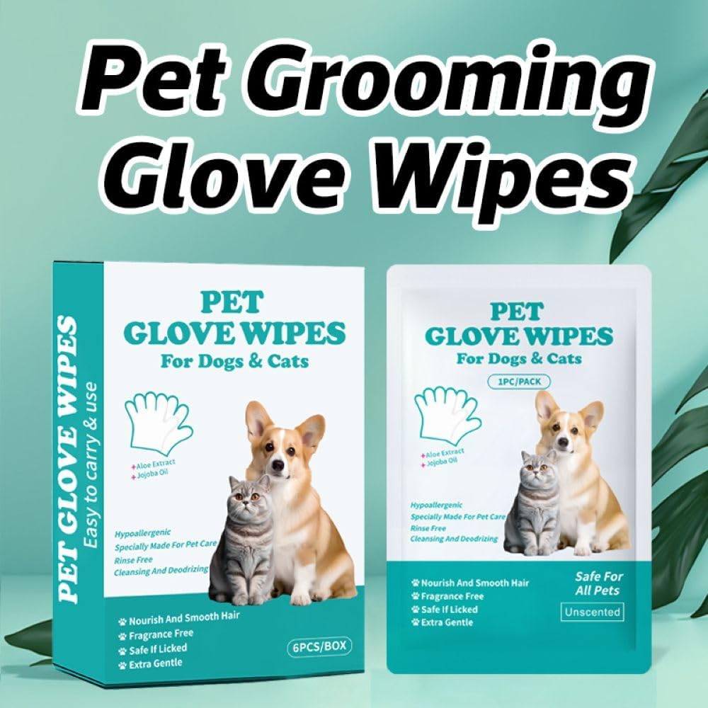 Pet Cleaning Glove Wipes for Dogs & Cats 6 PCS Individual Packed Unscented Dog Wipes Cleaning Deodorizing Gloves Pet Face and Body Disposable Bathing Wet Glove Wipes for Fur Ears Paws Butt