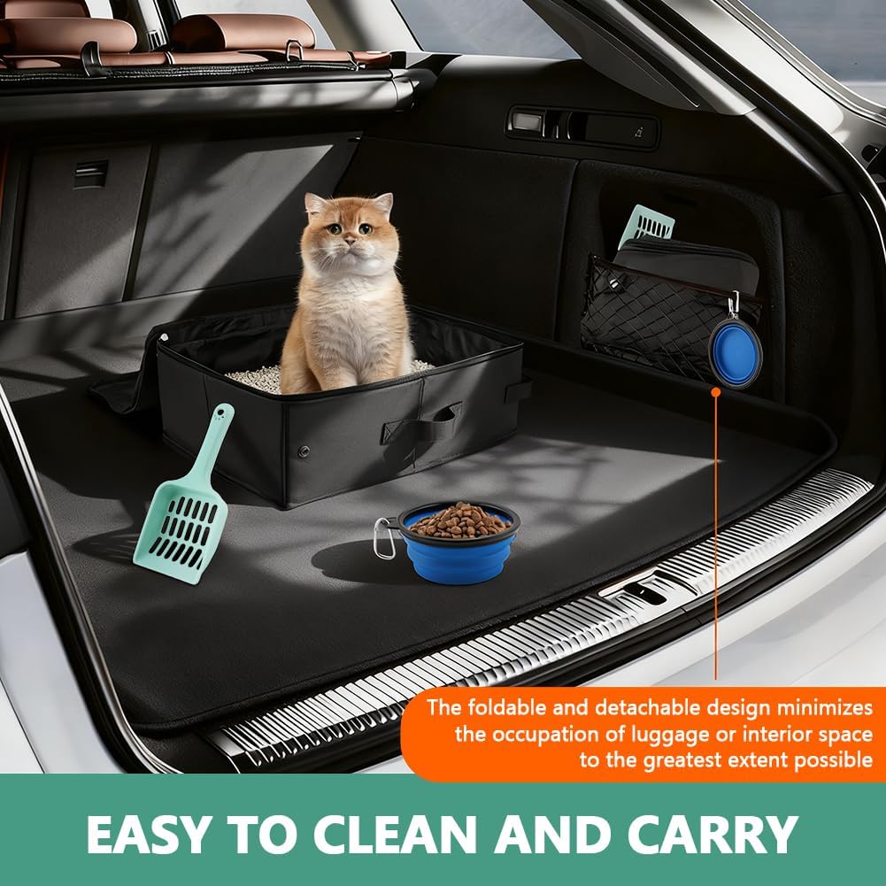 Travel Litter Box for Cats, Portable Litter Box with Scoop & Bowl, Leak Proof,Waterproof Collapsible Carrier for Car, Outdoor, Hotel