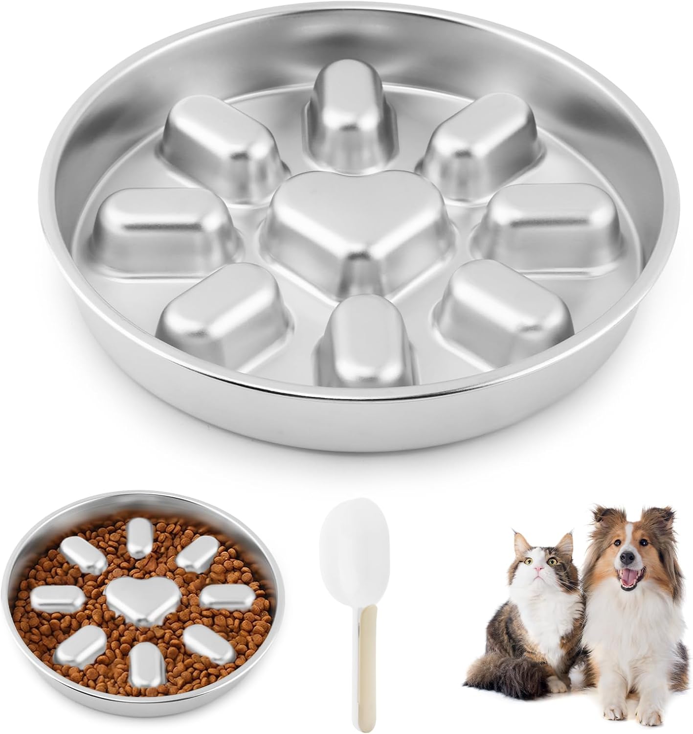 Slow Feeder Dog Bowls with Measuring Spoon, Stainless Steel Slow Feeder for Small & Medium Dogs, Non-Slip Silicone Base Pet Bowl for Fast Eaters, Anti-Gulping Dog Bowl(COLOR:silver)