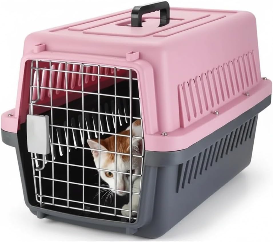 Portable Airline Approved Pet Carrier – Durable Travel Kennel Crate for Cats & Small Dogs, Secure Metal Door, Ventilated Design for Car, Outdoor, Vet Visits & Air Travel (Pink)