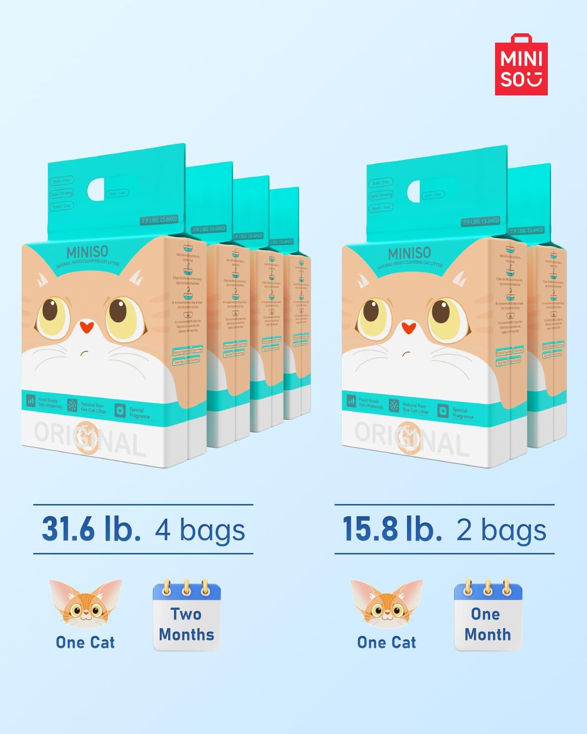 MINISO Clumping Cat Litter, Tofu+Bentonite+Cassava, Odor Control, Rapid Clumping, Water Absorbent and Toilet Flushable, Multi-Cat, Original Style, 15.8lb (2 Pack of 7.9lb Bags)