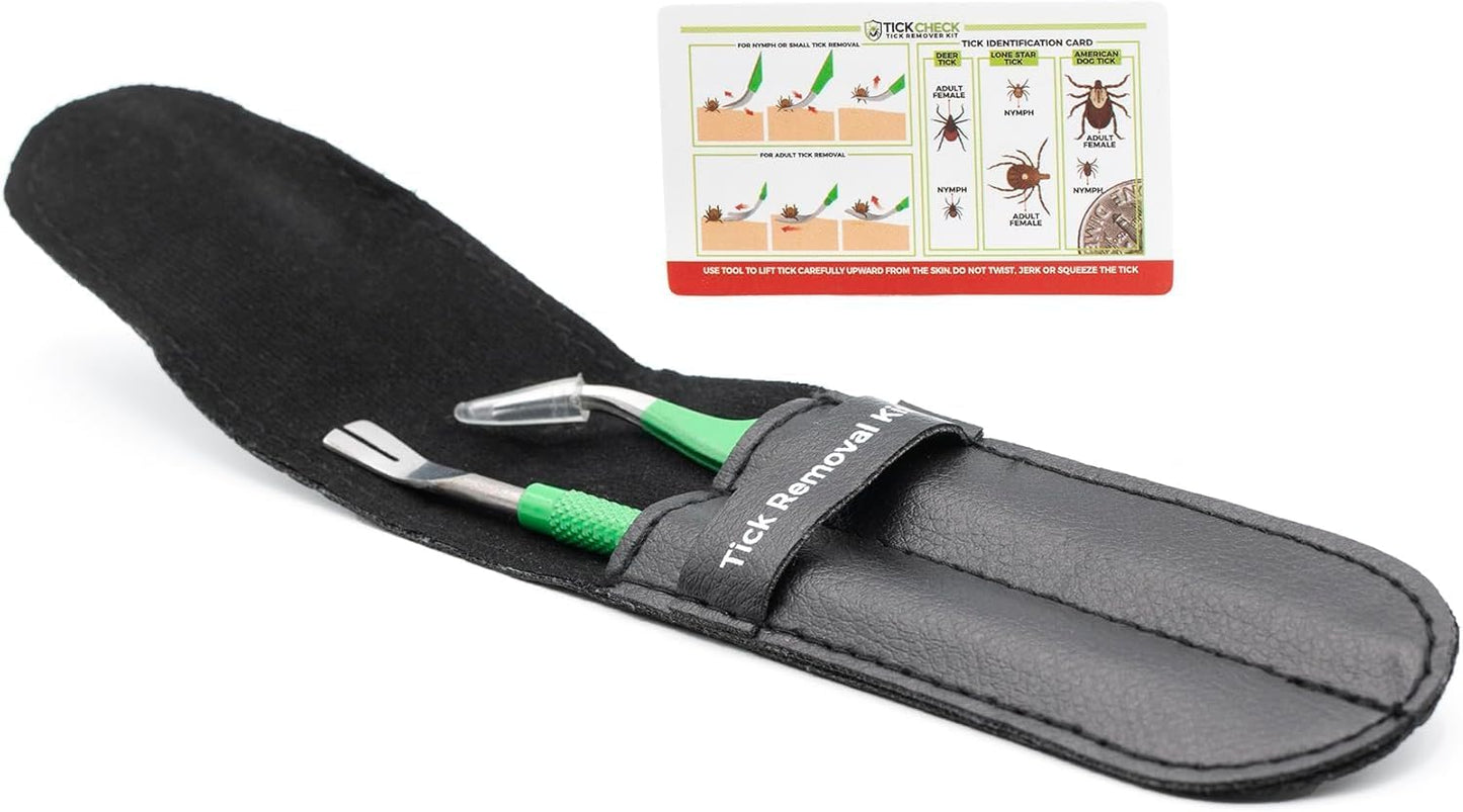 TickCheck Premium Tick Remover Kit - Stainless Steel Tick Remover + Tweezers, Leather Case, and Free Pocket Tick Identification Card (1)