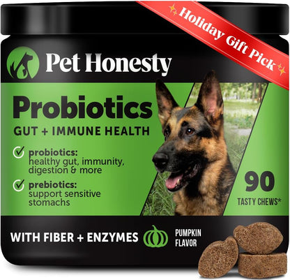 Pet Honesty Probiotics for Dogs - Digestive Enzymes Promotes Gut Health, Dog Probiotics for Bowel Support, Fiber for Regularity, Prebiotics for Immune Health & Gut Flora (Pumpkin, 90 ct)