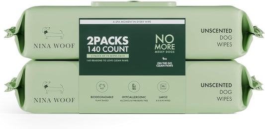 Nina Woof Dog Wipes – Fragrance-Free, Alcohol-Free, Hypoallergenic Pet Grooming Wipes with Aloe Vera, Biodegradable, for Dogs & Cats: Paws, Face, Ears & Butt – 2-Pack (140 Count)