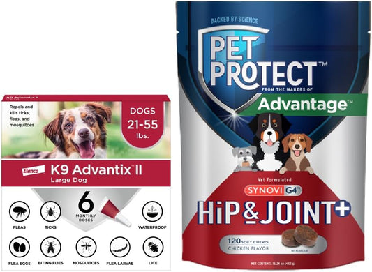 Bundle of K9 Advantix II Large Dog| Dogs 21-55 lbs. | 6-Mo Supply + Pet Protect Hip & Joint Supplement for Dogs 60 Chews