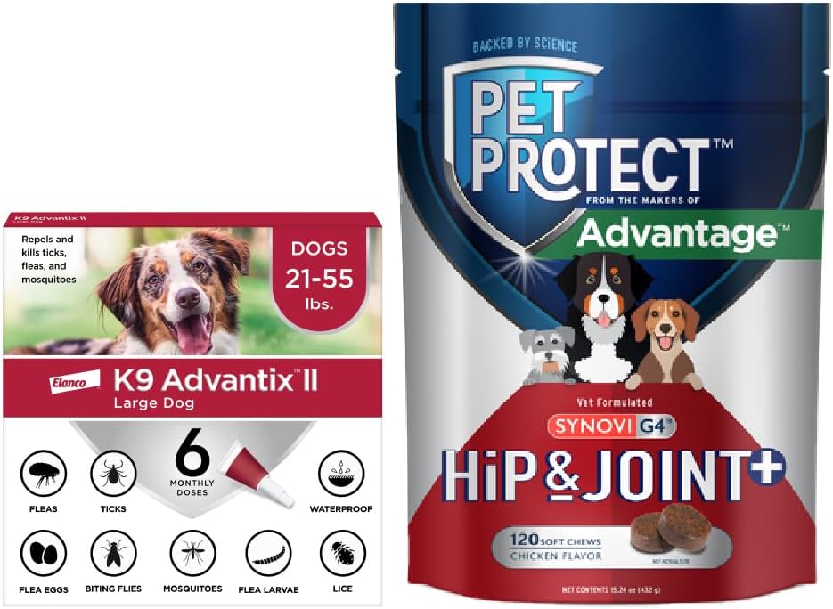 Bundle of K9 Advantix II Large Dog| Dogs 21-55 lbs. | 6-Mo Supply + Pet Protect Hip & Joint Supplement for Dogs 60 Chews