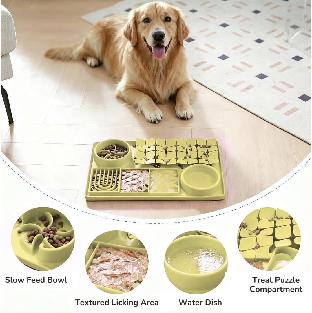 Multifunctional Slow Feeder Dog Bowl with Licking Mat & Water Bowl | Non-Slip Suction Cup | Silicone Pet Feeder | Dishwasher Safe